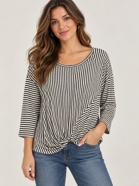 W5 Black & White Striped Knot-Front Long Sleeve Top size XL